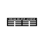 A black steel medal hanger with the phrase 'Dream, Believe, Achieve' at the top. It features multiple horizontal bars for hanging medals. The hanger is rectangular with rounded corners and small holes at each end for wall mounting. Painted black for a sleek, minimalist design.